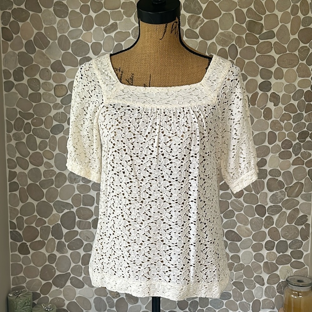 Apostrophe ivory, short sleeve lace blouse – size, M
